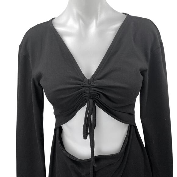 H:ours Black Long Sleeve Tie V Neck Ruched Cutout Waist Mini Bodycon Dress Sz M - Picture 3 of 5